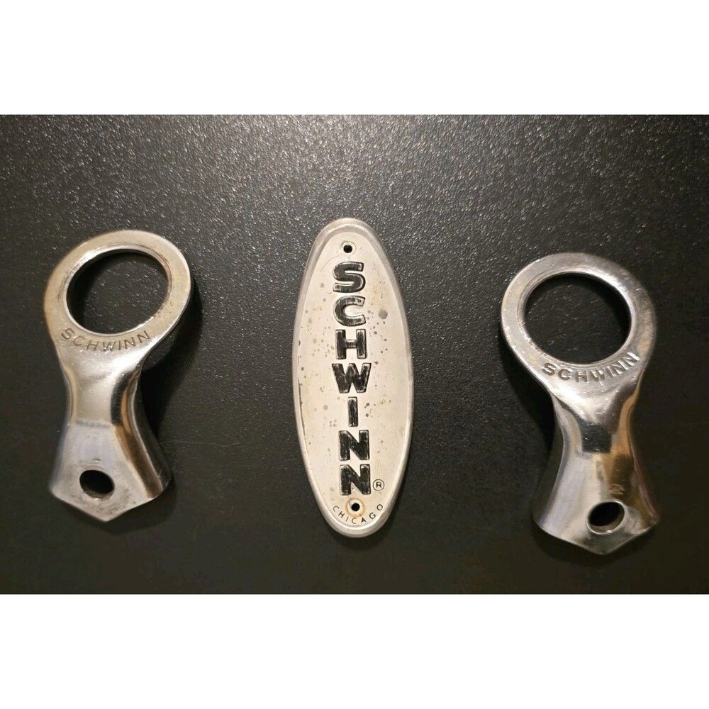 Vintage Schwinn Bicycle 1980 2 Truss Rod Front Rack Mount Brakets & Orig Emblem